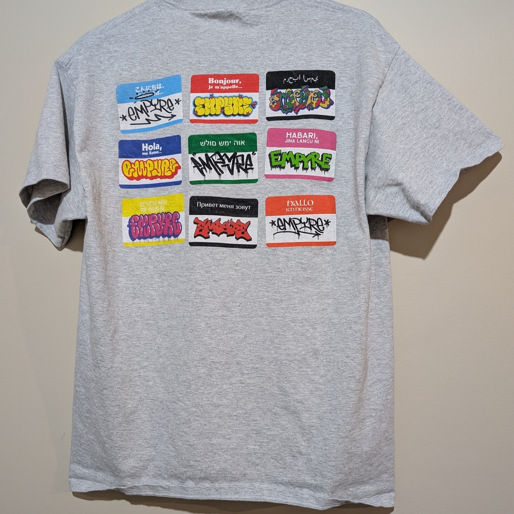 Gray Graphic T-Shirt with Colorful Name Tags